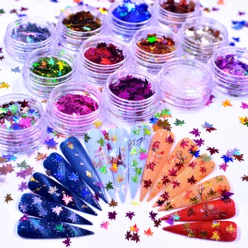 

YWK 13 Colors Holographic Leaves Nail Art Decorations Sequins Paillette Tips Nail Glitter Flakes Fall Maple Slice Tools