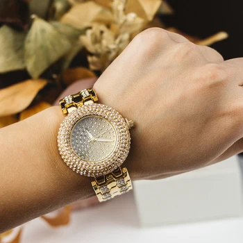 

Luxury Women's Crystal Watches! Gold and White Color Fashion Design Very Pretty Shiny Stones Big Round dial Watch Supplier