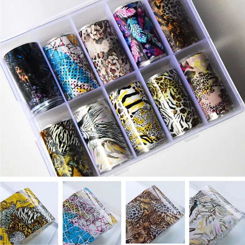 

1box Luxury Leopard Charms Nail Stickers Decoration Fur Design Transfer Foil Paper Flower Chain Wraps Nail Foil Set 100cm