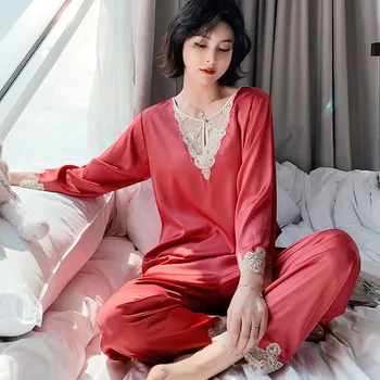 

Sexy Lace Women Long Sleeve Pajamas Set Female Shirt&Pants Casual Satin 2PCS Sleepwear Pyjamas Silky Sleepwear Home Clothes