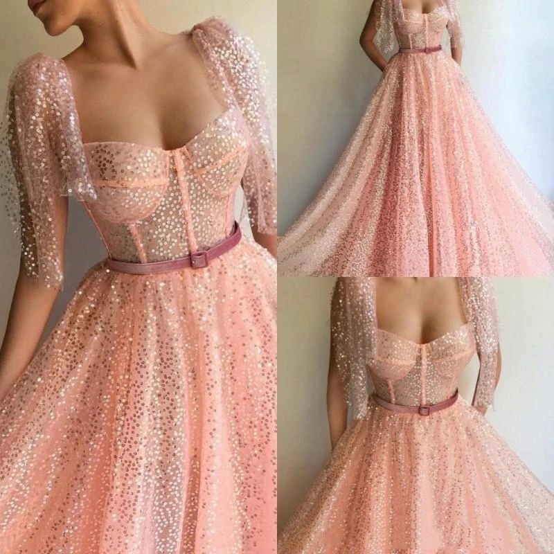 

New Arrival 2020 Elegant Prom Dress Sweetheart Short Sleeves Party Gowns Custom made A Line Sequin Lace Formal Evening Dress