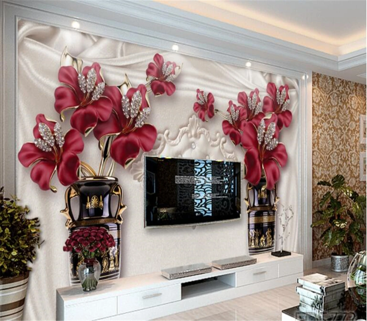 beibehang Large Custom 3D Wallpaper Atmosphere Distinguished European Style Jewelry Flower TV Backdrop Wall | Обустройство дома