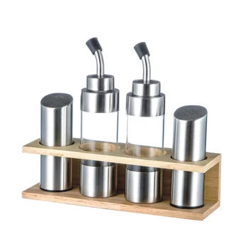 

Stainless Steel Seasoning Jar Set,Oil Bottle,with Wooden Storage Rack,Seasoning Dispenser,Kitchen Container