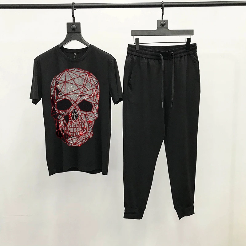 New Arrival Summer Men's Suit Cotton Fabric Breathable T-Shirt Hot Drill Skull Jogging Outdoor Couple Street Wear Tracksuit