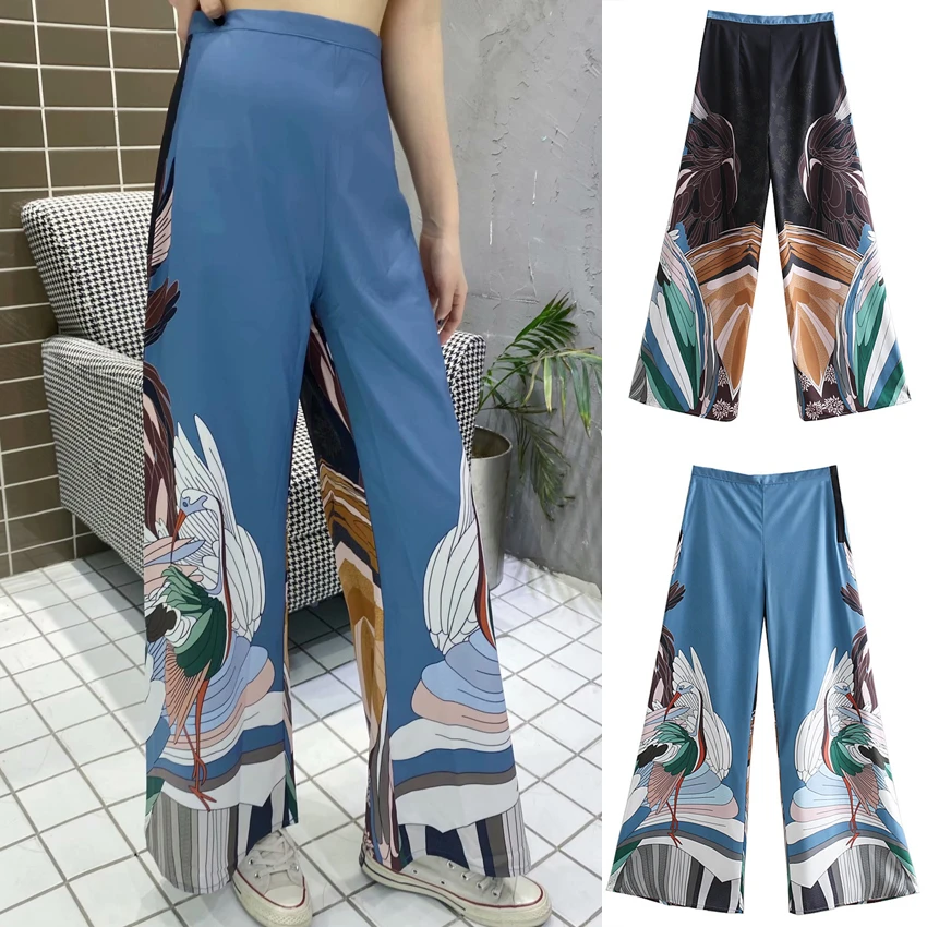 Pantalones estilo Harajuku para mujer, pantalón Vintage con estampado de grulla, moda informal, suave, de cintura alta, empalme de pierna ancha|Ropa de Asia y las Islas del Pacífico| - AliExpress