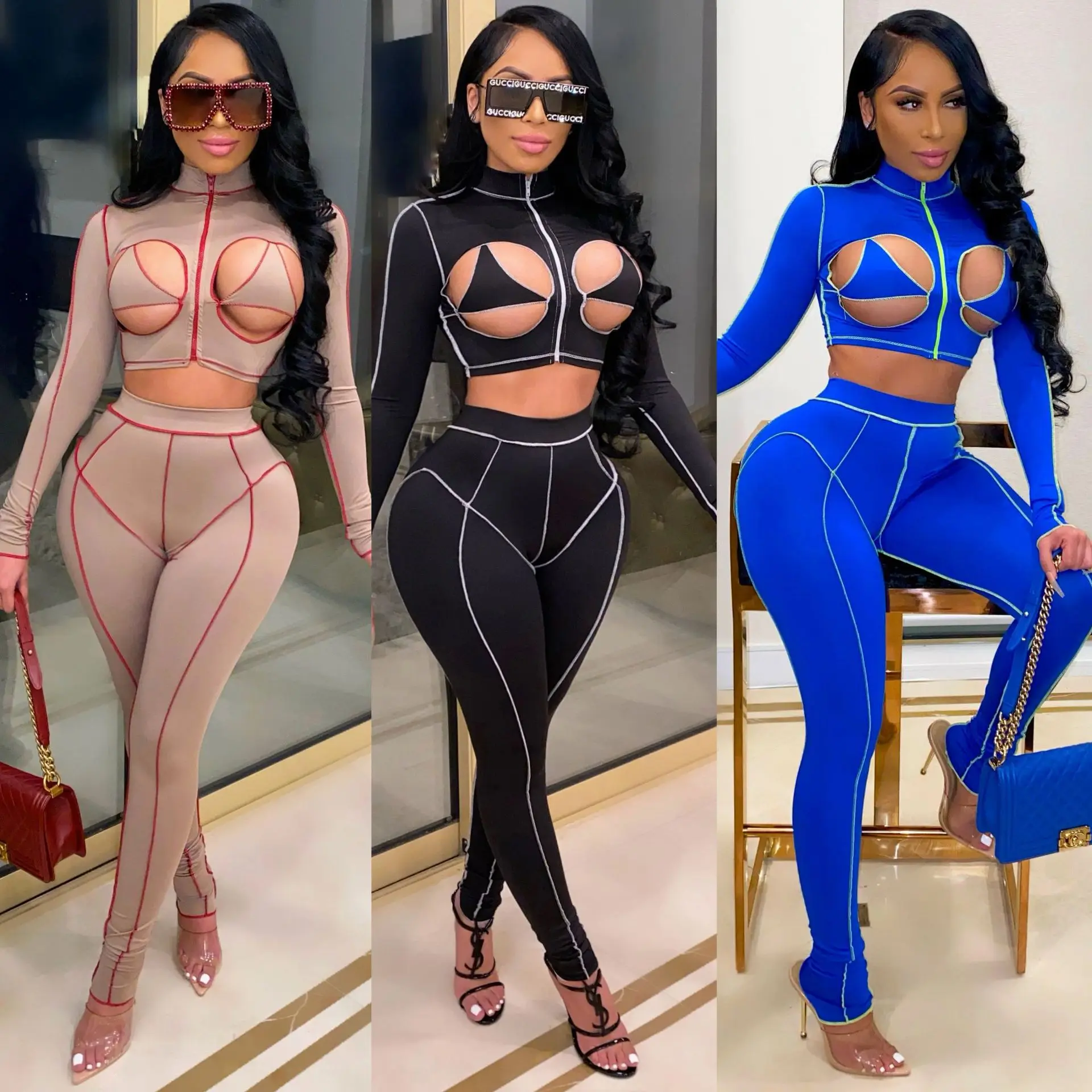 New Design Sexy Two Piece Set Women Clothing 2021 Stretchy Hollow Crop Top and High Waist Pants Boutique Outfits Lucky Label