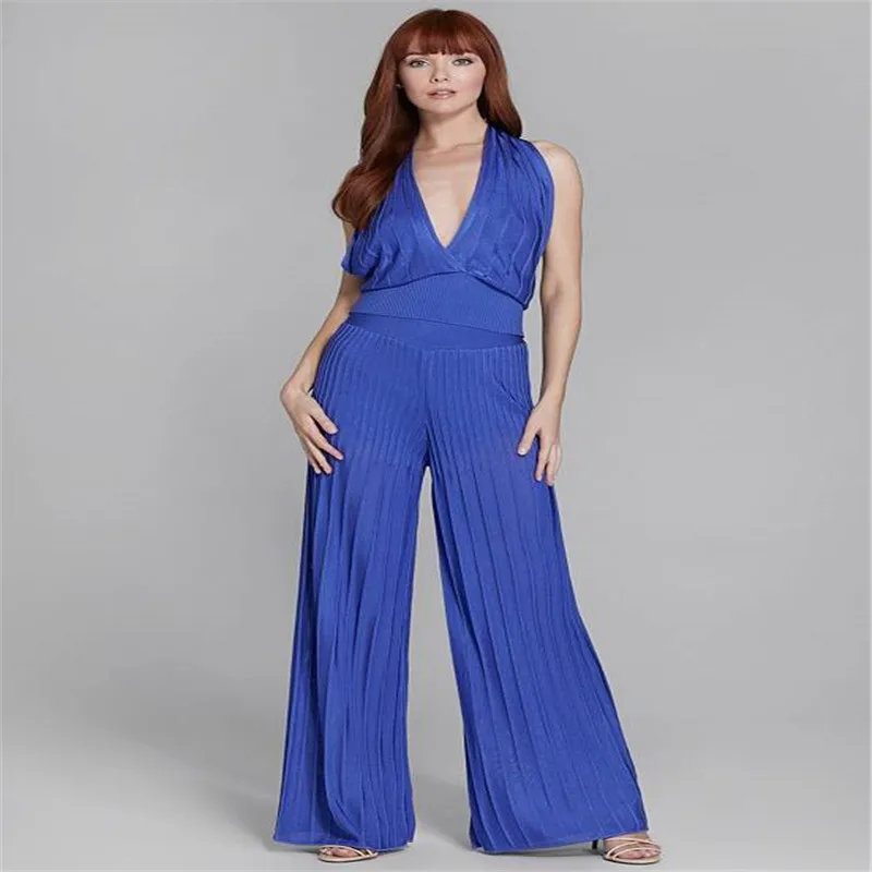 

Linyi Dan 2019 New Celebrity Sexy Sleeveless Hollow out halter bandage jumpsuit
