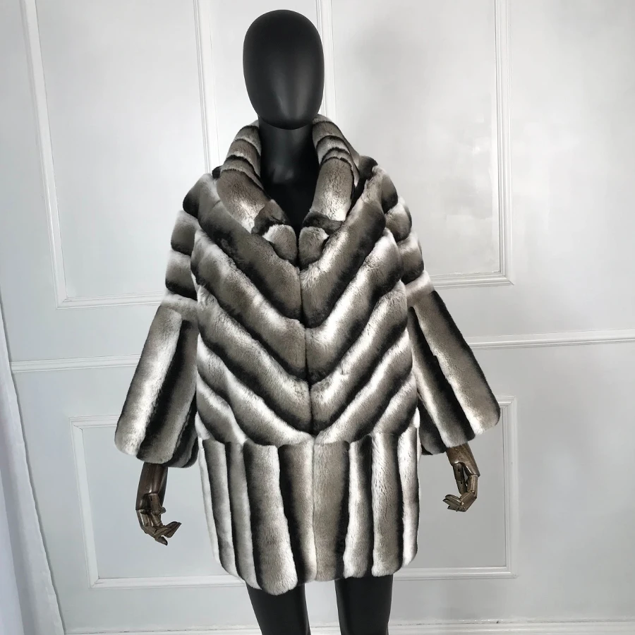 

High Quality Elegant Women winter jacket Chinchilla Color with standing collar Natural Real Fur coat with batwing sleeve Genu