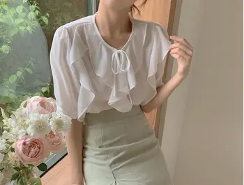 

New Oversize Girls Summer blouse women chiffon suit short sleeves Tops high waist pencil skirt two piece suits Sell separately