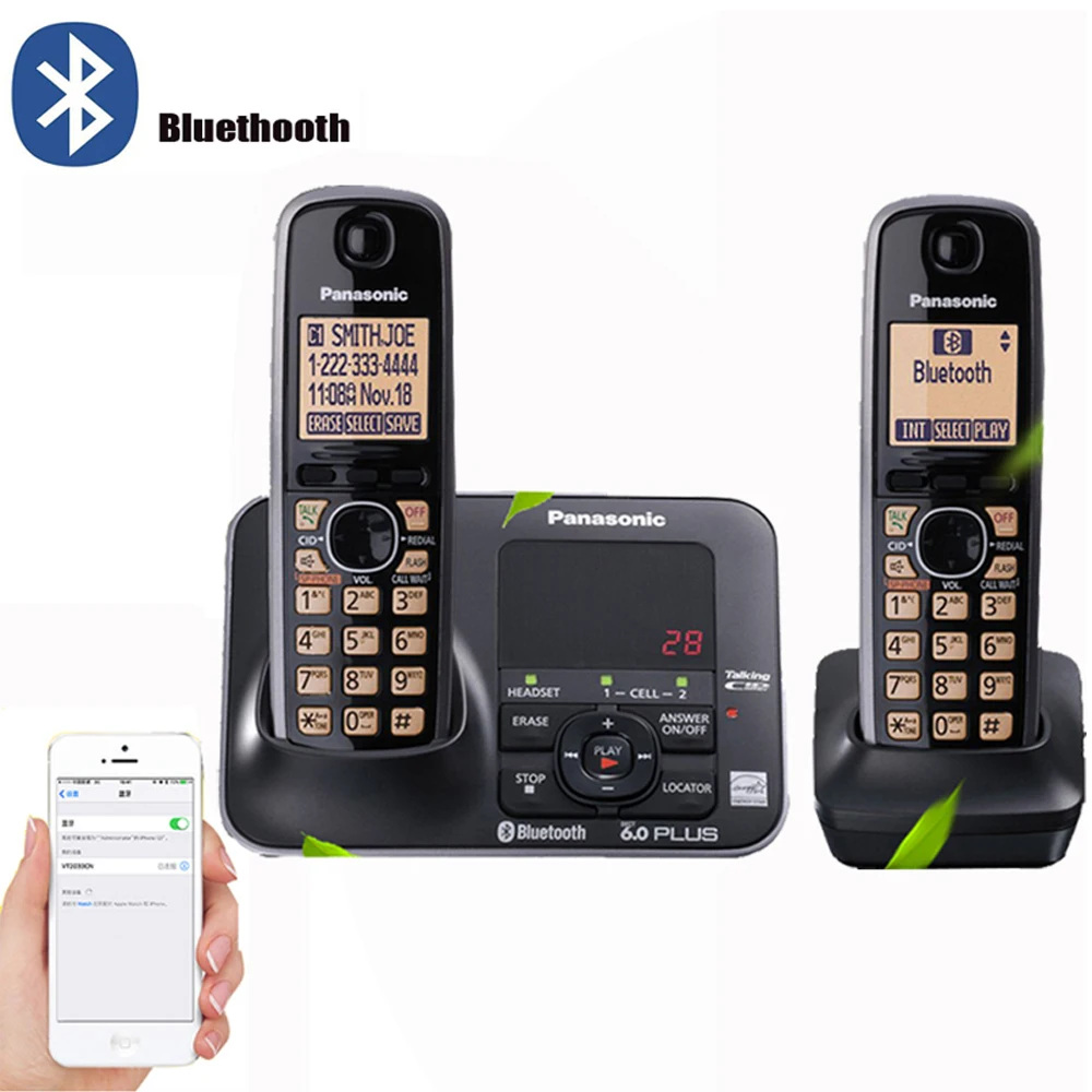 Цифровой беспроводной телефон с bluetooth ответной машиной Handfree Голосовая почта с подсветкой lcd беспроводной телефон для офиса дома черный - Цвет: Two Handsets