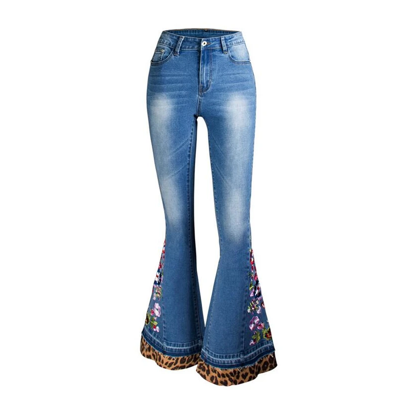 Women Fashion Leopard Patchwork Denim Jeans Stretch Skinny Jean Ladies Casual Flares Pants Quality flower Embroidery Trousers