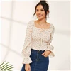 SHEIN бежевый с принтом сердца, с квадратным вырезом, укороченная блузка, топы для женщин, осень, Boho, рукав-волан, гофрированный подол, рубашки, женские блузки