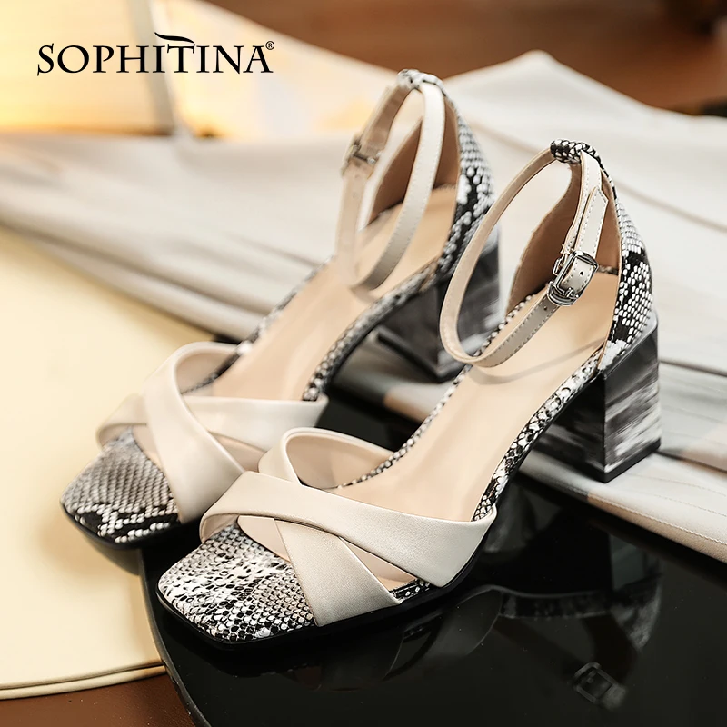 SOPHITINA Women Shoes Casual Serpentine Genuine Leather Shoes Thick Heel Ankle Strap Open Toe Comfort Fashion Lady Sandals DO497