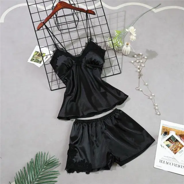 Pink Female Bride Bridesmaid Wedding Robe Sexy 2PCS Robe Set Classic Belt Sleepwear Nightgown Lace Patchwork Intimate Lingerie - Color: Black Pajamas