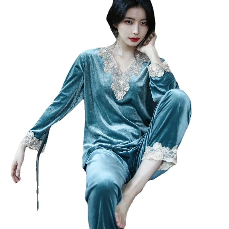 2021 Lace Pajamas for Women Comfortable Skin-friendly Long-sleeved Trousers Home Service Suit Pajamas Set Sleepwear пижама