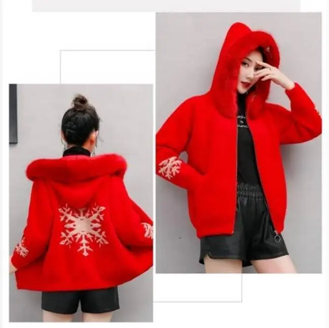 Autumn Winter Women Elegant Loose Hooded Faux Mink Fur Knit Cardigan Sweater Female Casual Embroidered knitted Jacket X106