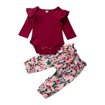 

2020 Spring Autumn clothing 2PCS Baby Girl Romper Ruffles Long Sleeve shirt Tops Flower Pants Outfits Set Clothes Tracksuit