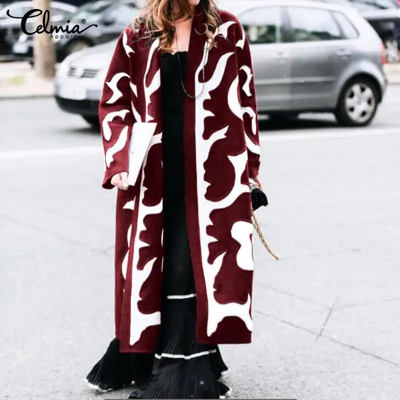 

Celmia Winter Warm Long Sleeve Coats Women's Vintage Printed Jackets 2019 Autumn Long Coat Cardigan Plus Size Casual Overcoat