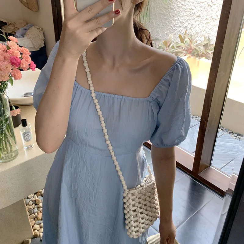 2020 Summer Elegant Slim Waist Female Dress Korean Women Dresses Sexy Square Collar Puff Sleeve Ladies Midi Dress Vestidos