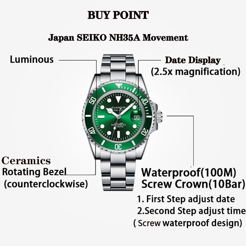 GUANQIN 2020 Japan NH35A Mechanical Movement watch men 100M waterproof Automatic watch Ceramics Sport Sapphire Relogio Masculino