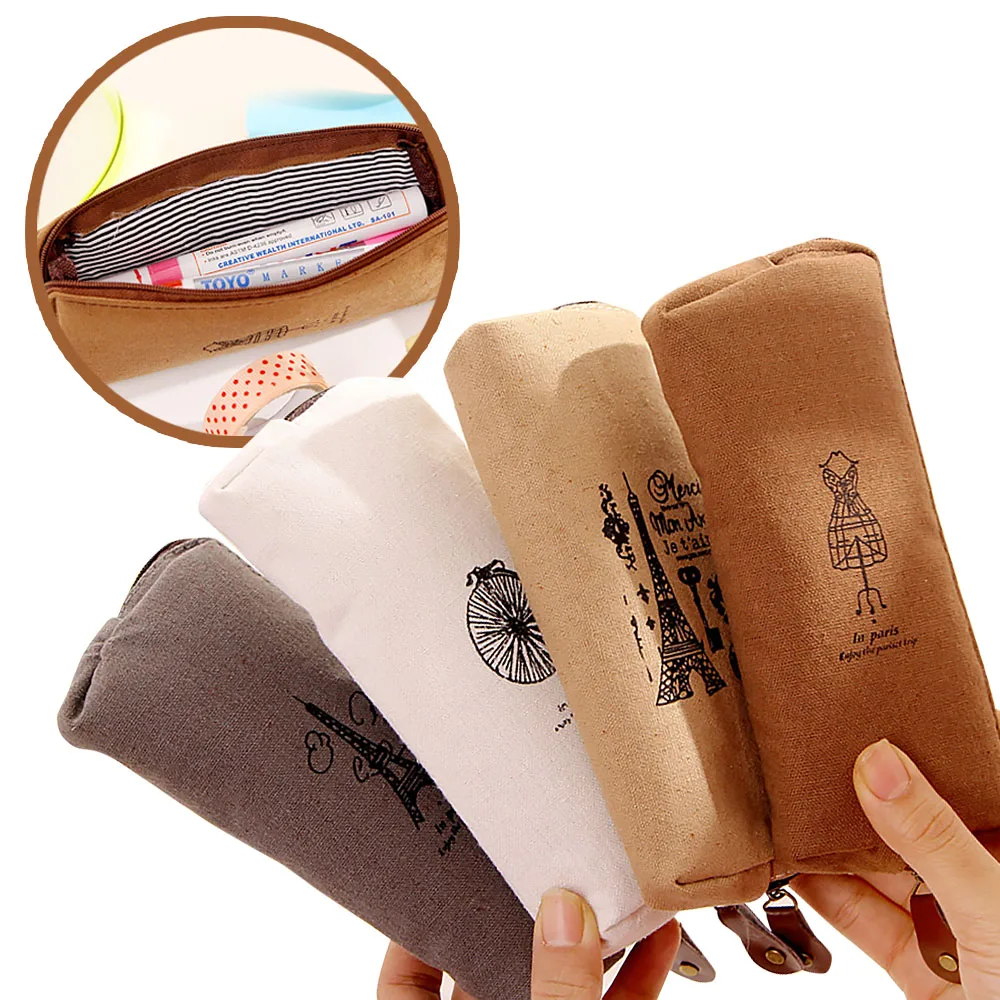 

Retro Pencil Bag, Fresh and Simple Cotton-linen Paris Tower, Retro Romantic Pencil Box, Large Capacity, Office Learning