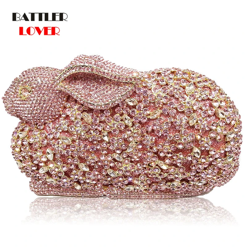Women Bag Luxury Rabbit Bunny Women Gold Crystal Minaudiere Clutch Evening Bag Diamond Wedding Party Bridal Animal Handbag Purse
