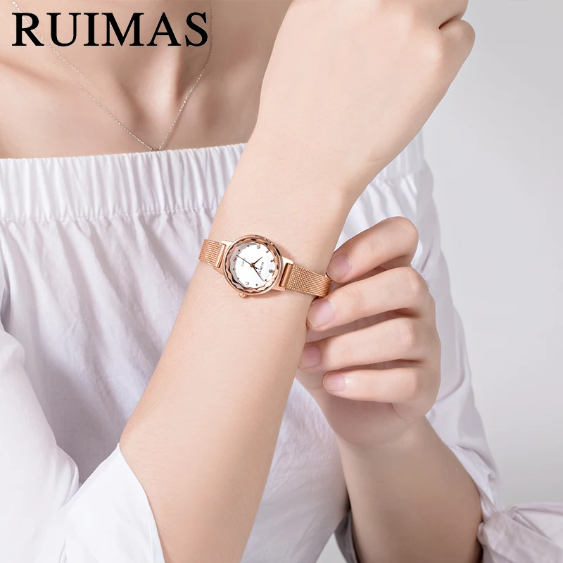 Montre Femme Ruimas женские часы золотые кварцевые из нержавеющей стали с сетчатым
