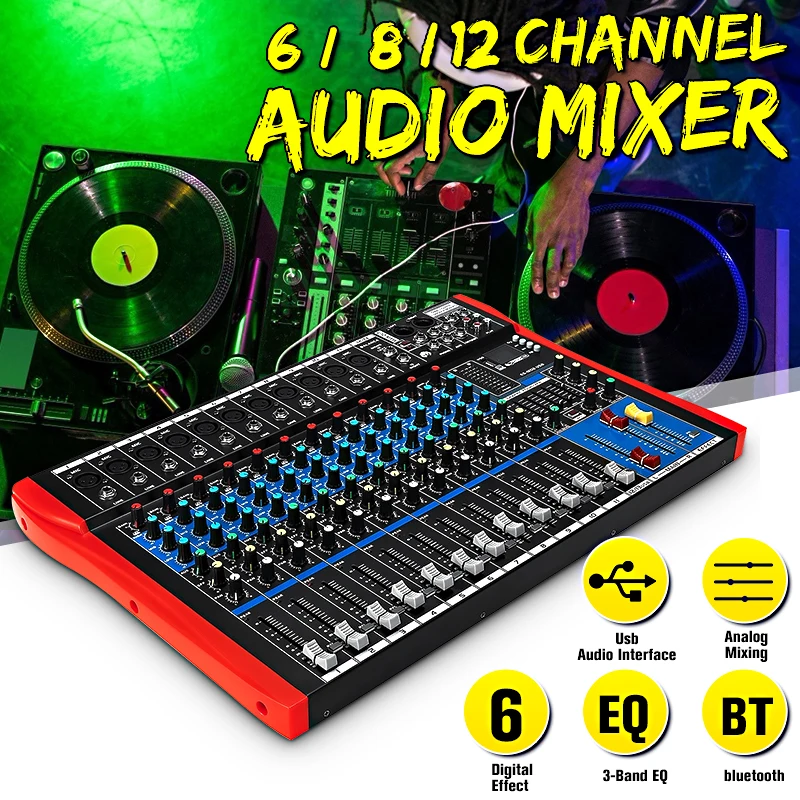 

48V Audio Mixer with USB Professional 12 Channel bluetooth Studio DJ Mixing Console Karaoke Amplifier Digital KTV Sound Mixer