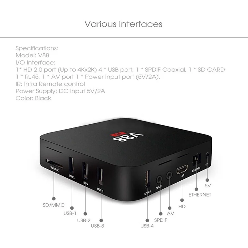 Домашний кинотеатр V88 RK3229 Смарт ТВ приставка плеер 4K четырехъядерный 8 Гб WiFi медиаплеер ТВ приставка умный HDTV приставка относится к Android