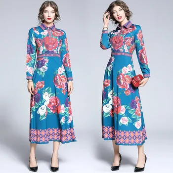 

2019 Autumn floral print long sleeves dress Chic women elegant dress A754