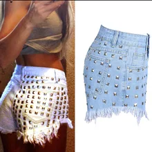 MS Ragdoll Женские винтажные Джинсы бойфренда с высокой талией в стиле панк, белые, синие, с заклепками, летние женские рваные джинсовые шорты для пляжа