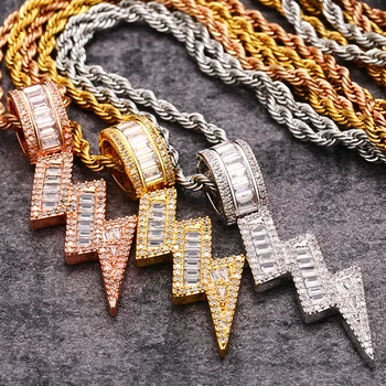 

Fashion Lightning Shape Pendant Necklace With Bling Square Cubic Zircon Men'S Hip Hop Rock Jewelry Gift