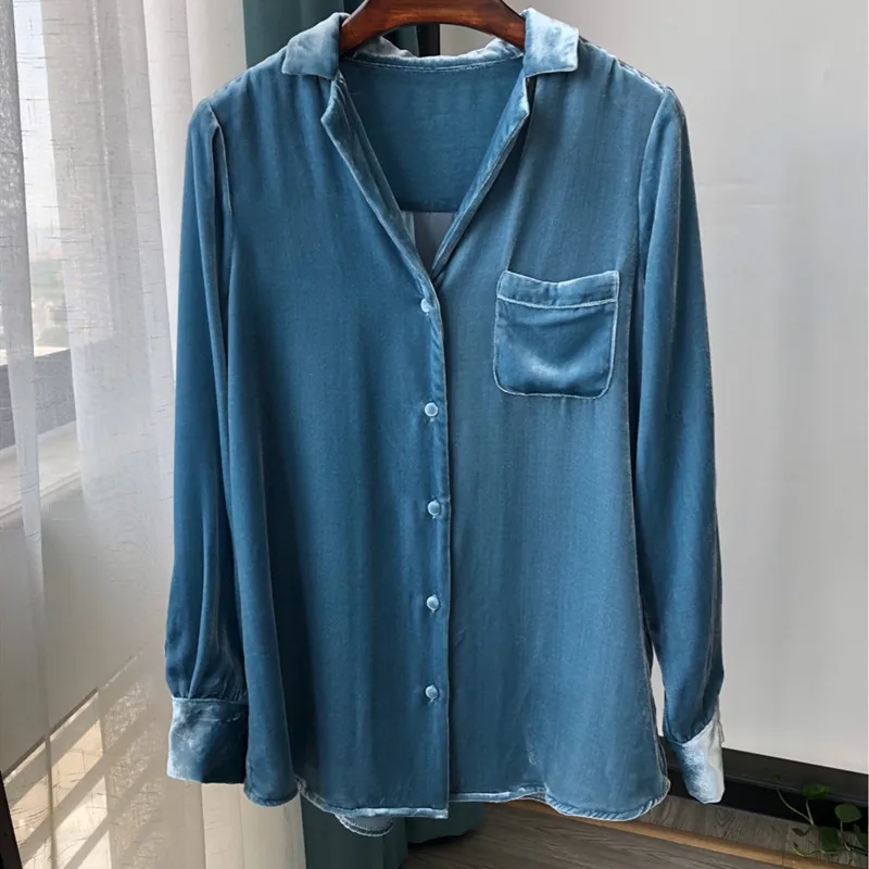 Women Silk Velvet Blouse One Pocket Long Sleeve Notched 2020 Early Autumn Female Single Breasted Shirt | Женская одежда