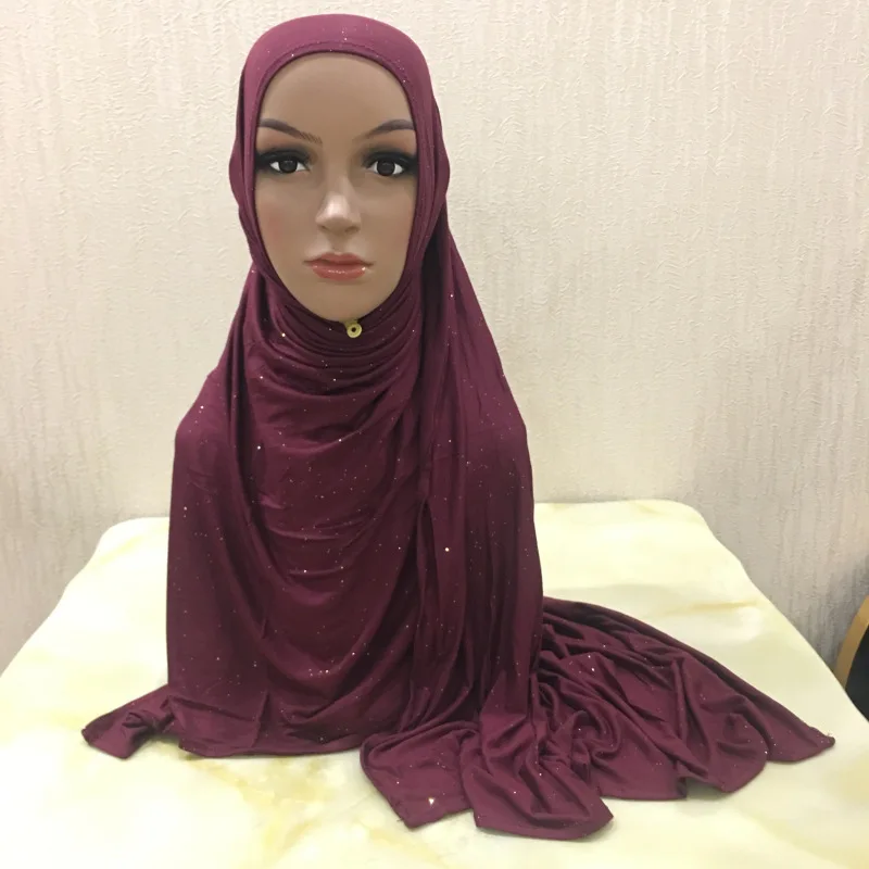 Модный Блестящий Джерси-шарф, однотонный Hijabs для женщин, эластичный головной платок, мусульманский Шиммер, простые длинные шали, накидка s - Цвет: dark wine red