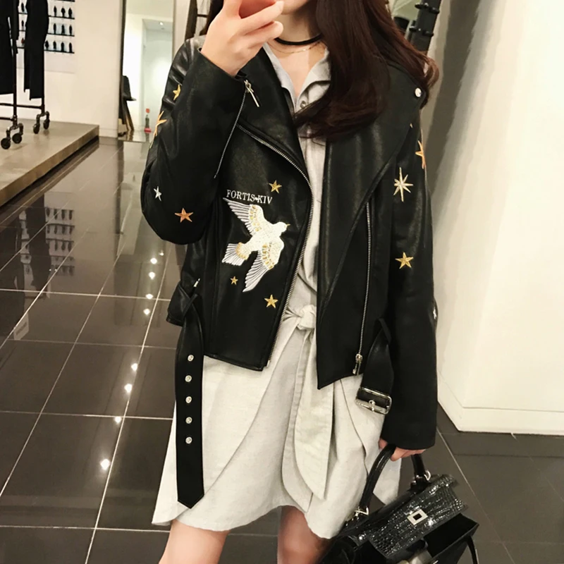 

New Women's Girls Short PU Leather Jackets Embroidery Coat Belt Black Beige Pink Motor Coats S125