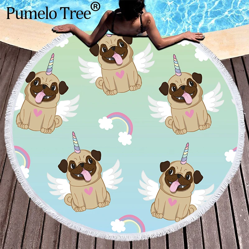 

Pug Bulldog Beach Towel Round 150Cm Animals Dog Cats Towel Beach Printed Toallas Summer Swimming Towel Bohemia Mats Blanket