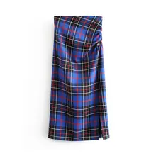 Women Vintage Elegant Plaid Split Midi Skirt Fashion High Waist Back Zipper Office Pleated Skirts Casual Faldas Mujer