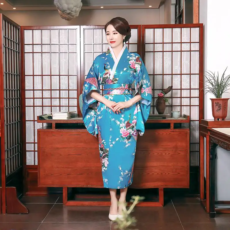 Elegant Women Long Japanese Kimono Bathrobe Gown Robe Exquisite Print Flower Yukata With Obitage Evening Party Prom Dress Gown - Цвет: Lake Blue2