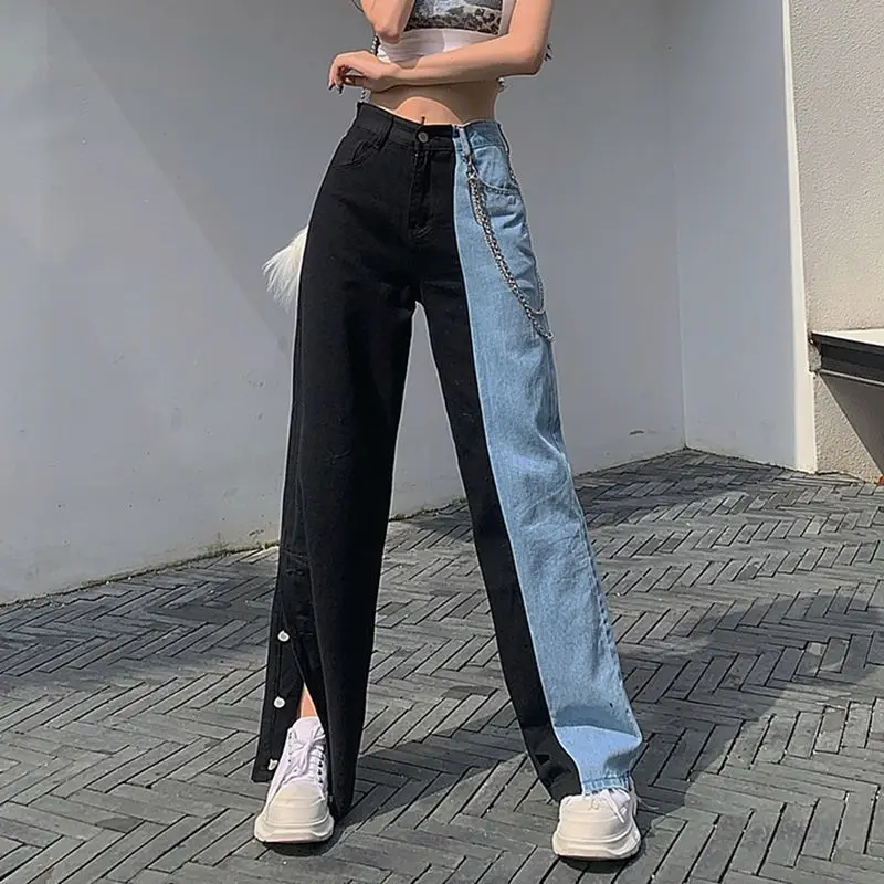 Pantalones vaqueros largos Vintage para mujer, ropa informal suelta de cintura alta, ropa de dos colores vaqueros de pierna ancha