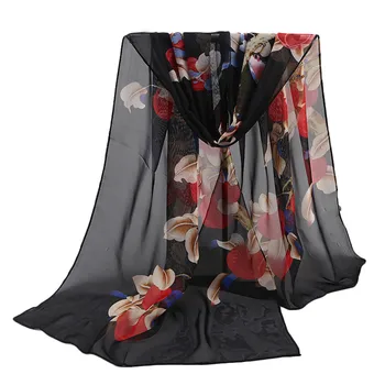 

Elegant Women Flowers Print Scarf Autumn Thin Long Soft Voile Wrap Ladies Floral Shawl Foulard Breathable Chiffon Shawl Scarves
