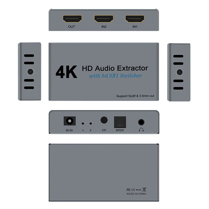 HDMI Switcher 4K HD o Extractor 2X1 o Splitter Support HDR 4K 30Hz Switcher for Laptop Earphone Display