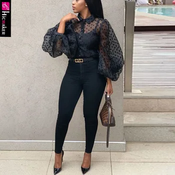 

Women Polka Dot Printed Long Sleeve Plus Size Blouse See Through Spring Fall Button Down Chic Elegant Top Shirt