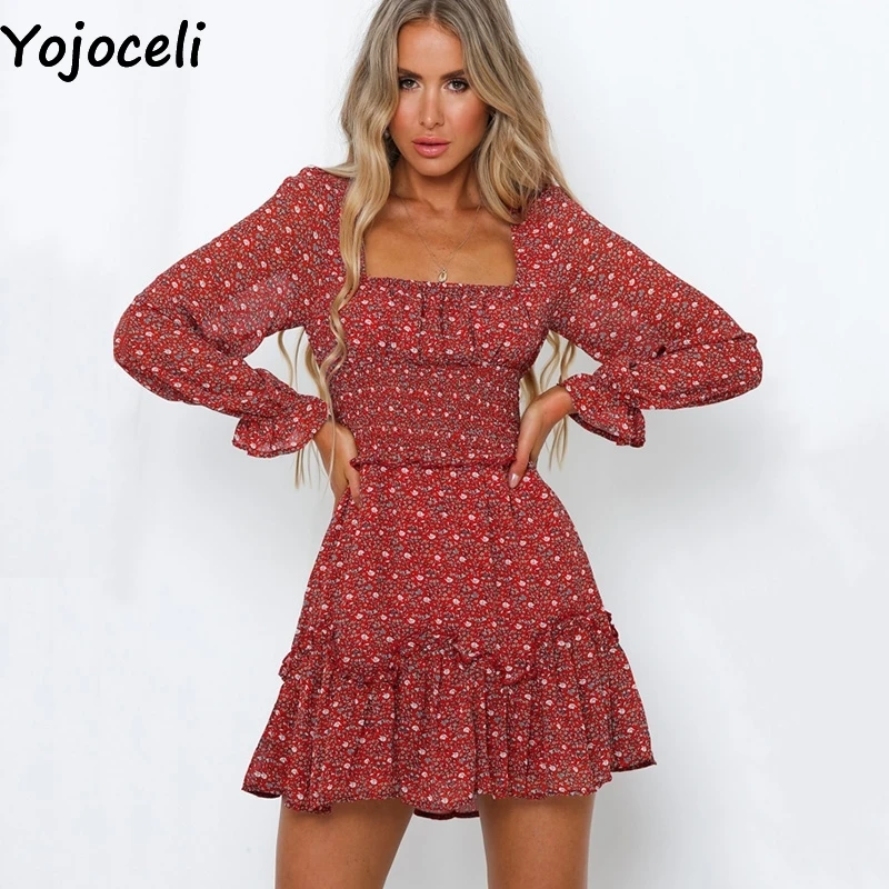 Yojoceli/сексуальное короткое платье с рюшами и принтом женские осенние вечерние