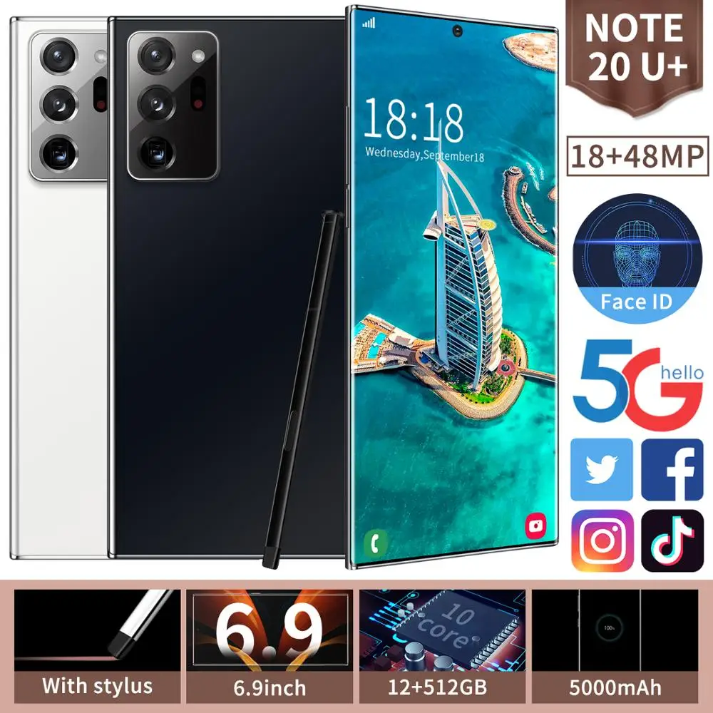 Débloqué 4G téléphone portable intelligent Note20U + Smartphone plein écran 10-core 512 GB Android 10.0 doigt Face ID double caméra