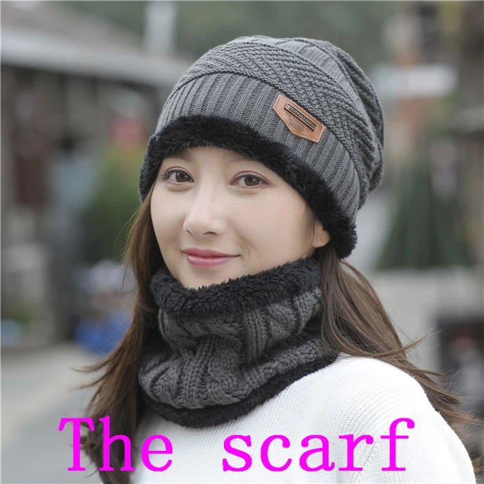 gray scarf Women Scarf Hat Sets Ma'am Wool Hat Windbreak Knitting Hat Warm Increase Cashmere Thickness Scarf Integral Triangle Mark Set Hat - Color: gray scarf