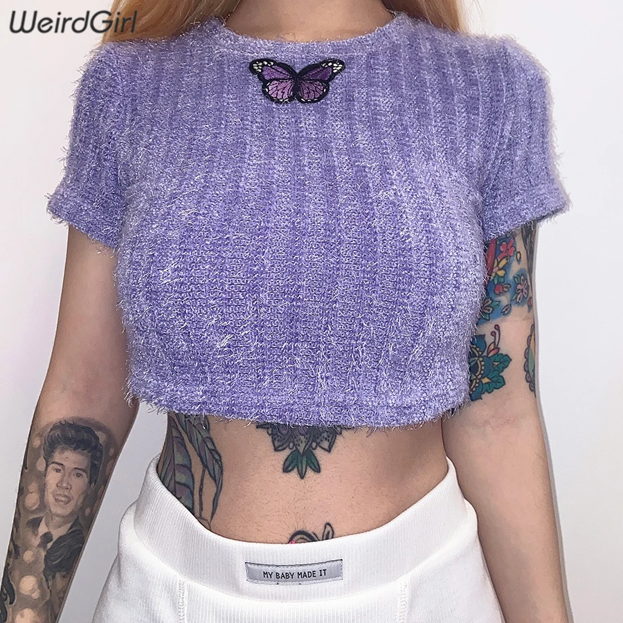 

Women Bow Embroidery Casual T-shirts Knitted Fabric Tees Short Sleeve Summer 2020 Crop Top Slim Female Short Harajuku Tops