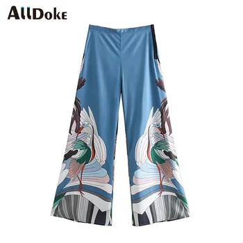 

Artsnie blue cartoon print women pants summer high waist zipper loose trousers femme vintage casual wide leg pants mujer