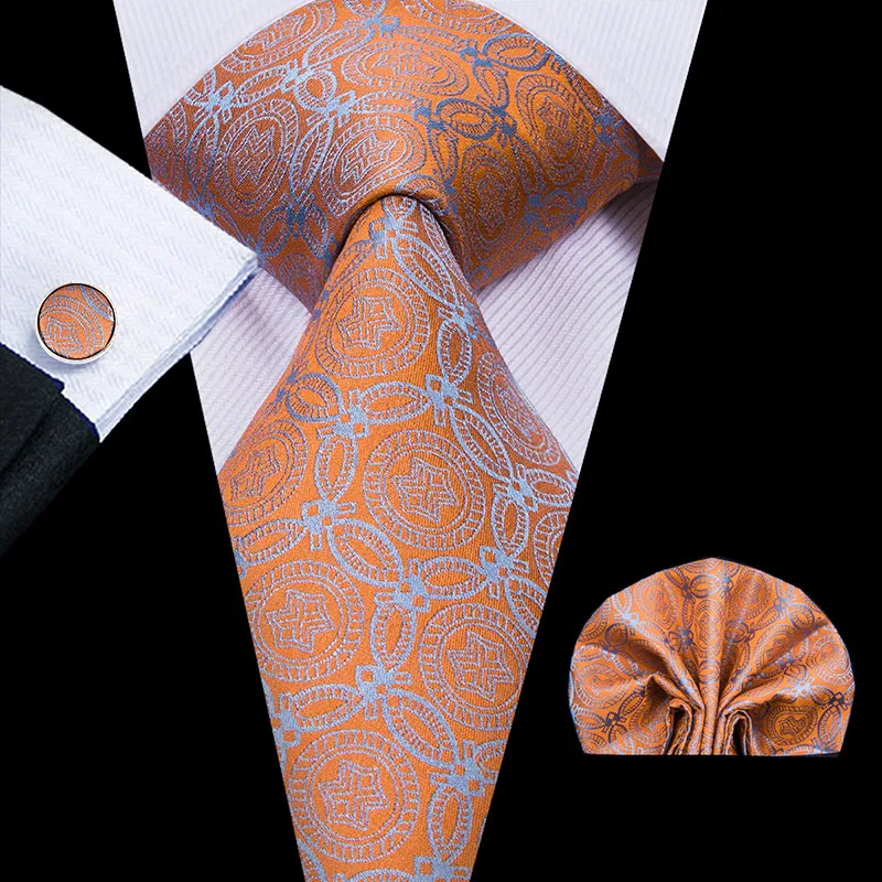 C-3083 Hi-Tie Orange Men's Tie 8.5cm Silk Ties For Men Hanky and Cufflinks Set Gold Luxury Flower Classic Party Wedding Necktie - Цвет: C-3083