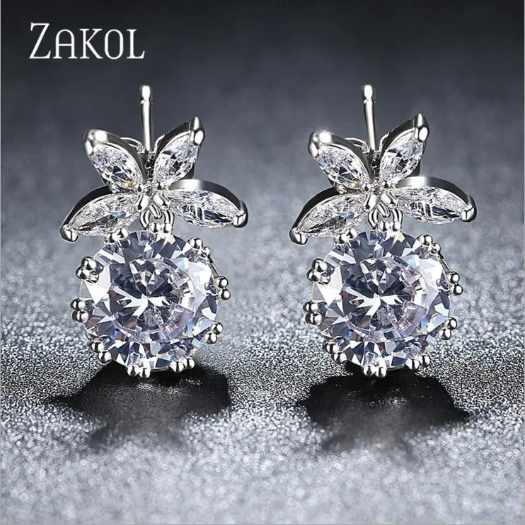 ZAKOL New Hot Shiny Cubic Zirconia Flower Round Dangle Earrings for Women Wedding Dinner Party Birthday Gift Jewelry FSEP2422