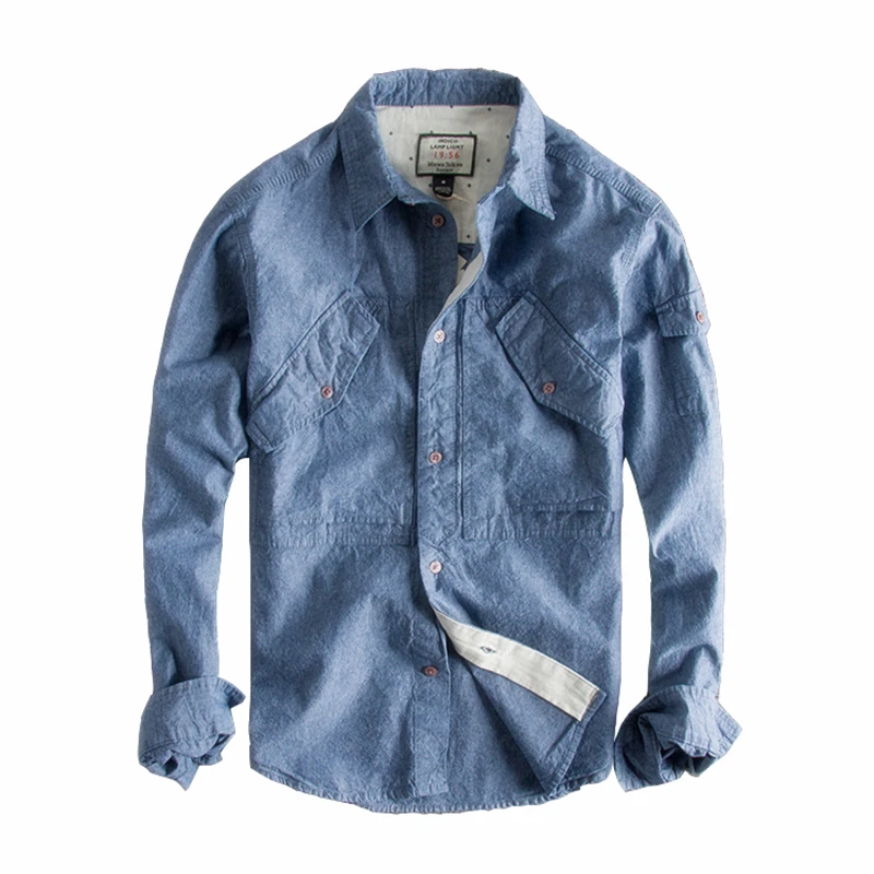 

Japanese Harajuku Vintage Distressed Denim Shirt for Men Urban Boys Streetwear Hip Hop Multi Pockets Denim Jean Shirts Plus Size